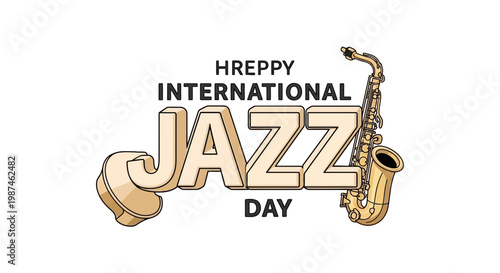International Jazz Day Illustration with Saxophone and 3D Text