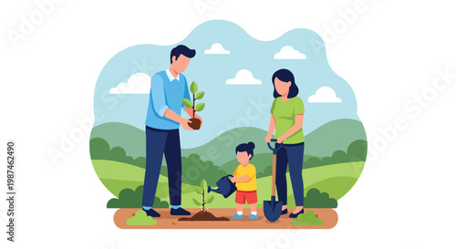 Flat style vector illustration of a family planting trees in a green park, symbolizing environmental protection, sustainability, and eco-friendly lifestyle for future generations