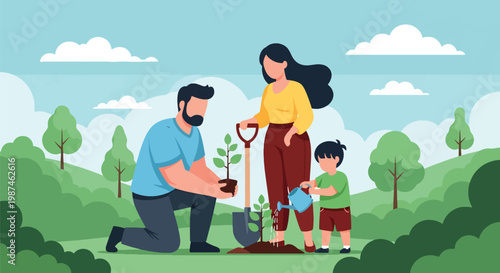 Flat style vector illustration of a family planting trees in a green park, symbolizing environmental protection, sustainability, and eco-friendly lifestyle for future generations