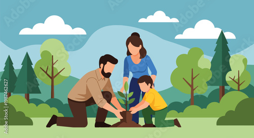 Flat style vector illustration of a family planting trees in a green park, symbolizing environmental protection, sustainability, and eco-friendly lifestyle for future generations