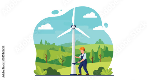 Flat style vector illustration of a man installing a wind turbine in an open field, representing renewable energy solutions, sustainability, and eco-friendly power generation