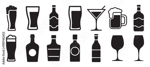 Set of alcohol bottles and drinking glass silhouette icon, vector illustration eps 10.