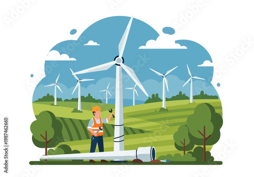 Flat style vector illustration of a man installing a wind turbine in an open field, representing renewable energy solutions, sustainability, and eco-friendly power generation