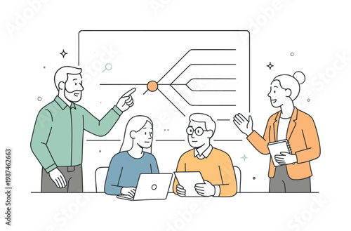 A clear workflow synchronization checkpoint scenario where a team aligns multiple task streams at a key stage before continuing execution during a planning session,