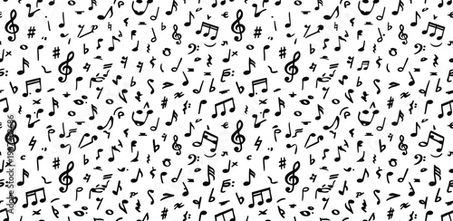 Seamless black and white musical notes pattern for creative design projects, representing rhythm and melody, perfect for art and graphic applications