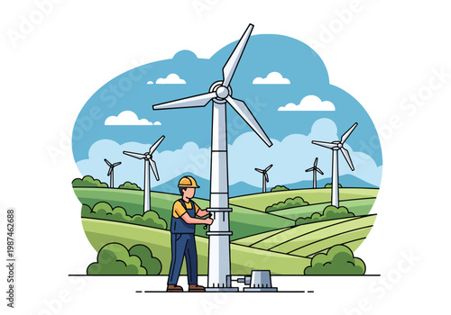 Flat style vector illustration of a man installing a wind turbine in an open field, representing renewable energy solutions, sustainability, and eco-friendly power generation