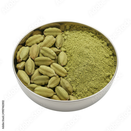 Green cardamom pods and ground powder in a metal bowl isolated on a transparent background