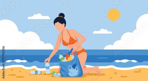 Flat style vector illustration of volunteers collecting plastic waste on a beach, promoting ocean conservation, environmental protection, and sustainable lifestyle awareness