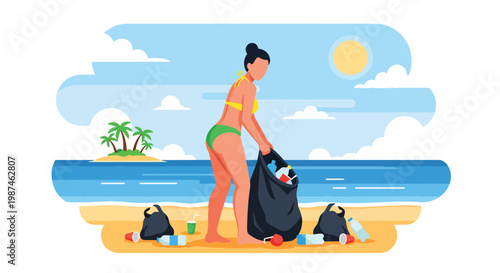 Flat style vector illustration of volunteers collecting plastic waste on a beach, promoting ocean conservation, environmental protection, and sustainable lifestyle awareness
