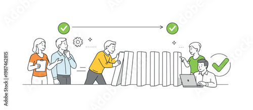 Progress and sequential workflow in a modern organizational context where tasks are completed step by step in a structured order, illustrated by a line of domino blocks