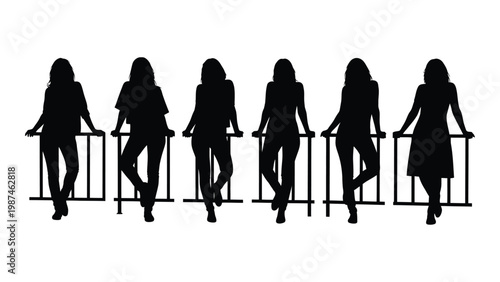 A silhouette of six women standing and leaning against a railing