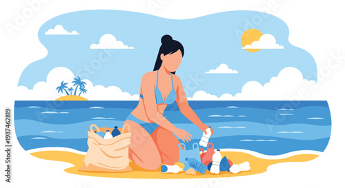 Flat style vector illustration of volunteers collecting plastic waste on a beach, promoting ocean conservation, environmental protection, and sustainable lifestyle awareness