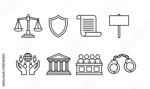 Law and rights: balance scale with shield, constitution scroll, protest sign, human rights symbol, courthouse columns, jury box, handcuffs, legal briefcase.