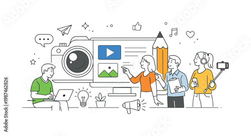 Creative professionals producing digital content for social media, marketing, or communication in a modern workflow environment, illustrated through a clear metaphor of a
