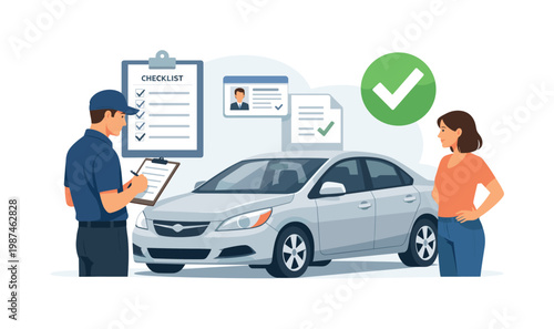 A vehicle inspection moment focused on verifying safety and documentation before use, where an inspector reviews the condition of a car in a structured process,