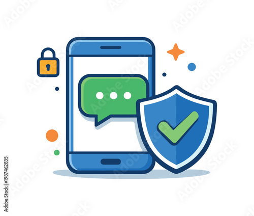 Secure mobile messaging highlighting privacy and protected communication in digital environments, a smartphone with a chat bubble and a shield icon representing data