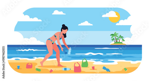 Flat style vector illustration of volunteers collecting plastic waste on a beach, promoting ocean conservation, environmental protection, and sustainable lifestyle awareness
