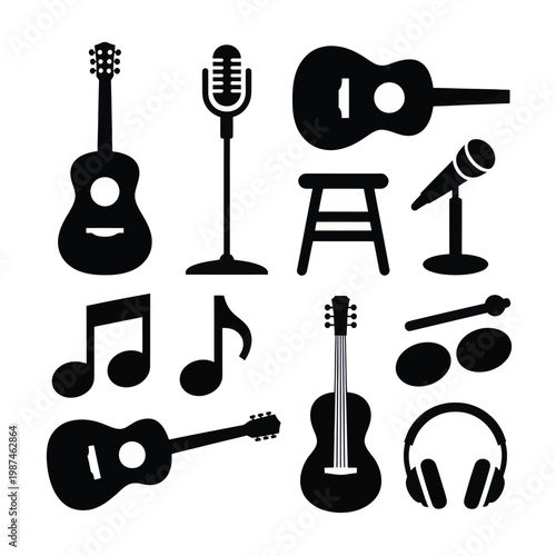 Set of 11 Black Music Instruments and Audio Equipment Icons Vector