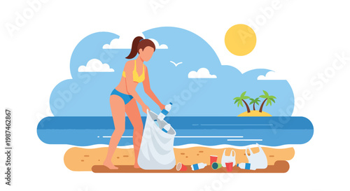 Flat style vector illustration of volunteers collecting plastic waste on a beach, promoting ocean conservation, environmental protection, and sustainable lifestyle awareness