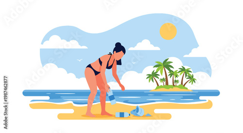 Flat style vector illustration of volunteers collecting plastic waste on a beach, promoting ocean conservation, environmental protection, and sustainable lifestyle awareness