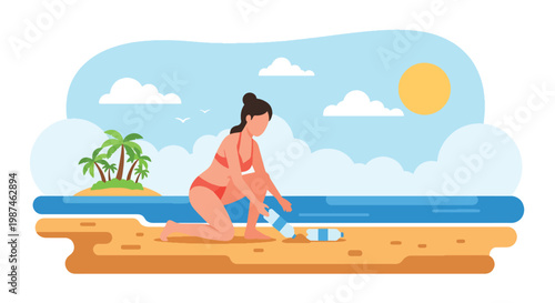 Flat style vector illustration of volunteers collecting plastic waste on a beach, promoting ocean conservation, environmental protection, and sustainable lifestyle awareness