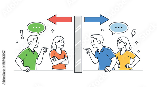 Interpersonal conflict and disagreement in a social or workplace context where individuals face opposing views and tension, represented by a clear visual metaphor of two