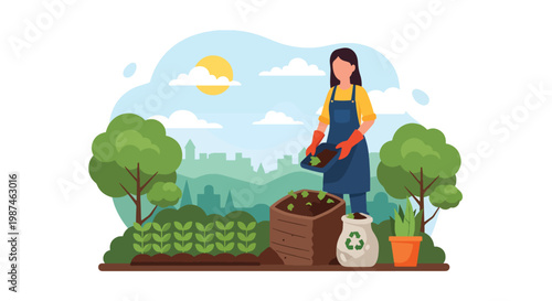 Flat style vector illustration of a person composting organic waste in a backyard garden, promoting eco-friendly habits, recycling, and sustainable living practices