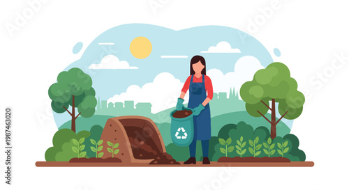 Flat style vector illustration of a person composting organic waste in a backyard garden, promoting eco-friendly habits, recycling, and sustainable living practices