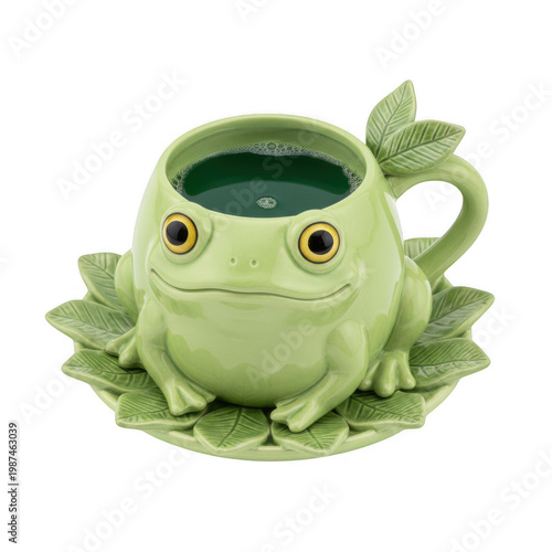 Green frog shaped ceramic mug and saucer set isolated on a transparent background
