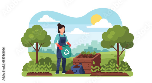 Flat style vector illustration of a person composting organic waste in a backyard garden, promoting eco-friendly habits, recycling, and sustainable living practices