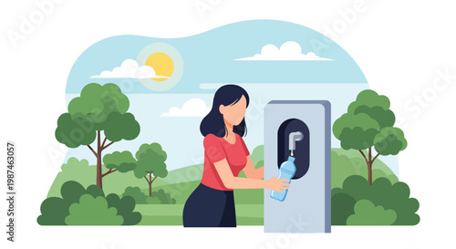 Flat style vector illustration of a woman drinking from a reusable water bottle in a park, promoting zero waste lifestyle, sustainability, and eco-conscious daily habits