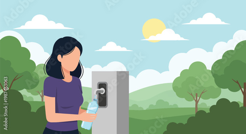 Flat style vector illustration of a woman drinking from a reusable water bottle in a park, promoting zero waste lifestyle, sustainability, and eco-conscious daily habits