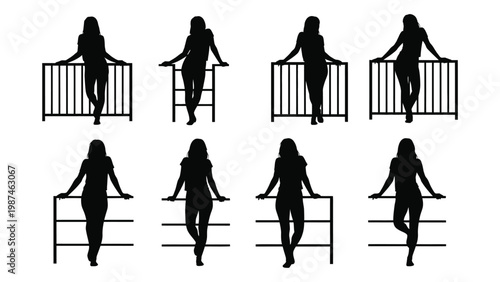 Silhouette series depicting women standing behind rectangular balcony railings high quality professional