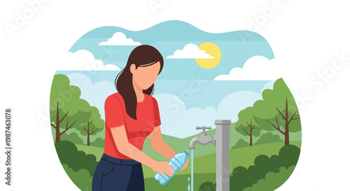 Flat style vector illustration of a woman drinking from a reusable water bottle in a park, promoting zero waste lifestyle, sustainability, and eco-conscious daily habits