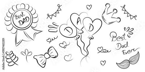 Fathers Day Hand Drawn Doodle Set with Best Dad Lettering, Heart Balloons Mustache and Celebration Elements Outline Illustration