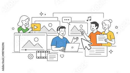 Content creation and digital media production in a contemporary workspace where teams assemble visual assets into engaging outputs, visualized through two or three simple