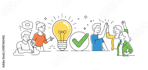 A self-growth journey where people overcome doubts and embrace their abilities in everyday situations, visualized by a small group interacting near a simple lightbulb and