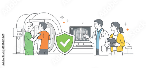 Xray check preventive healthcare scenario showing a patient undergoing imaging as part of routine examination and monitoring, with a scanning machine and a single shield