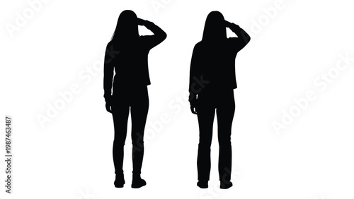 Two identical silhouettes of women with hands raised to their heads facing away