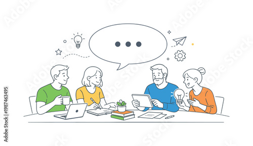 Coworking space collaboration concept featuring individuals sharing ideas and resources in a flexible office setting, using a meeting table and a single speech bubble as