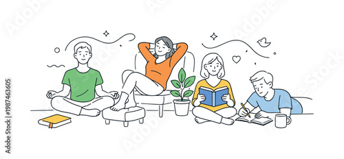 Mindfulness and quiet time in a domestic setting where individuals disconnect from stress and focus on calm activities, illustrated by a person relaxing combined with two