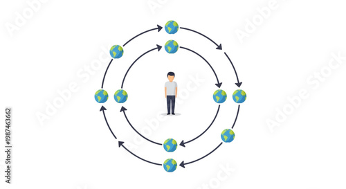 Businessman standing in the center of a circular workflow process with multiple steps