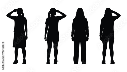 Four female silhouettes stand in a row each appearing to be shielding their eyes