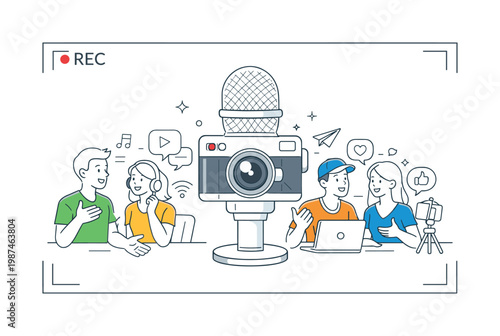 Content creation and digital broadcasting in a modern media environment where individuals record and share discussions through online platforms, represented by a clear