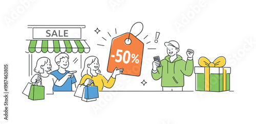 Seasonal promotions and retail marketing campaigns in a commercial setting where shoppers are attracted by special offers and limited-time deals, visualized through two