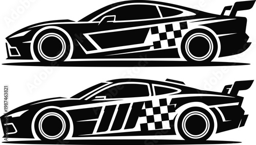 Sport car silhouette vector set featuring racing cars with checkered decals in dynamic style for automotive speed design illustration