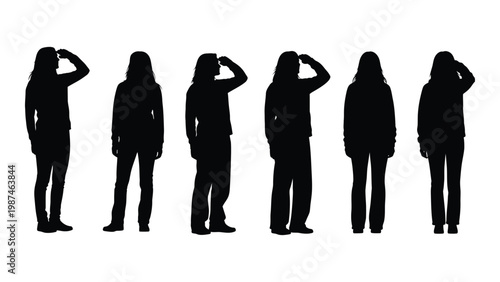 A row of six silhouetted figures each with a hand raised to their ear