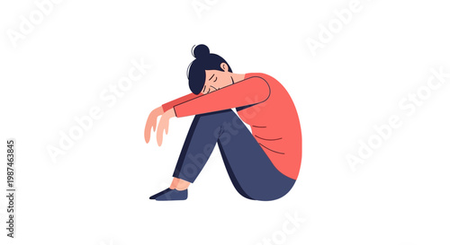 Sad woman sitting alone feeling depressed or anxious in a simple illustration