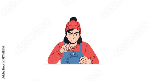 A young woman wearing a red beanie and blue overalls looking down thoughtfully