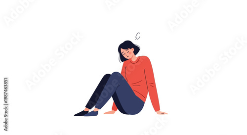 Woman sitting on floor. Person relaxing. Female in casual clothes. Illustration of girl in orange sweater. Sitting woman character. Vector design on white background.